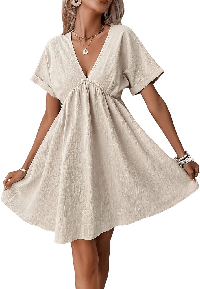 Verdusa Women's V-Neck Solid Batwing Sleeve Ruffle Hem Flowing Short Dress