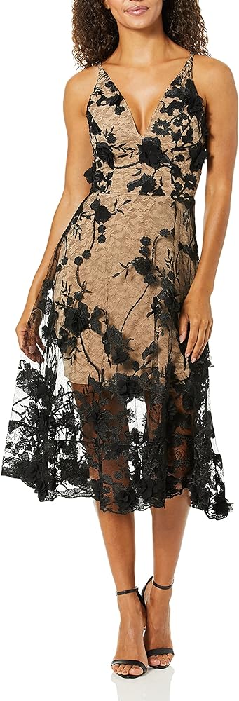 Dress the Population Women's Audrey Spaghetti Strap Midi A-line 3D Floral Dress