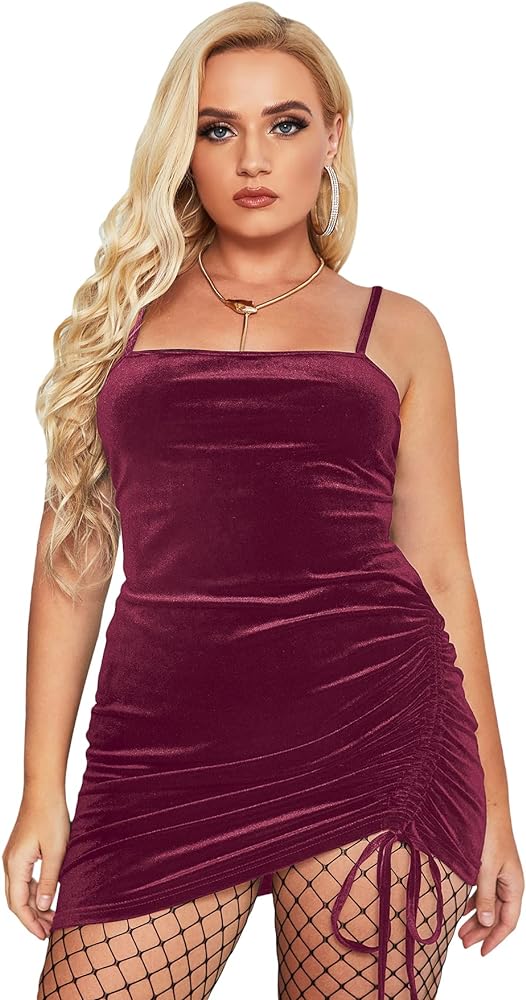 SOLY HUX Women's Plus Size Spaghetti Strap Drawstring Side Velvet Mini Bodycon Dress