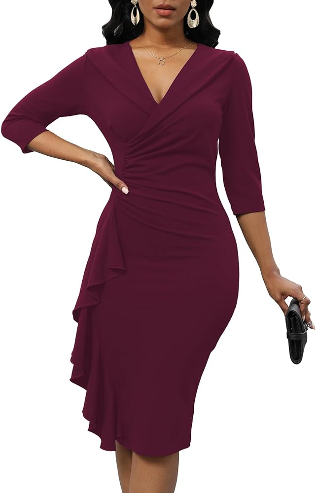 Women's 3/4 Sleeve Midi Dress Classic Wrap Ruched Ruffle Party Work Pencil Dresses