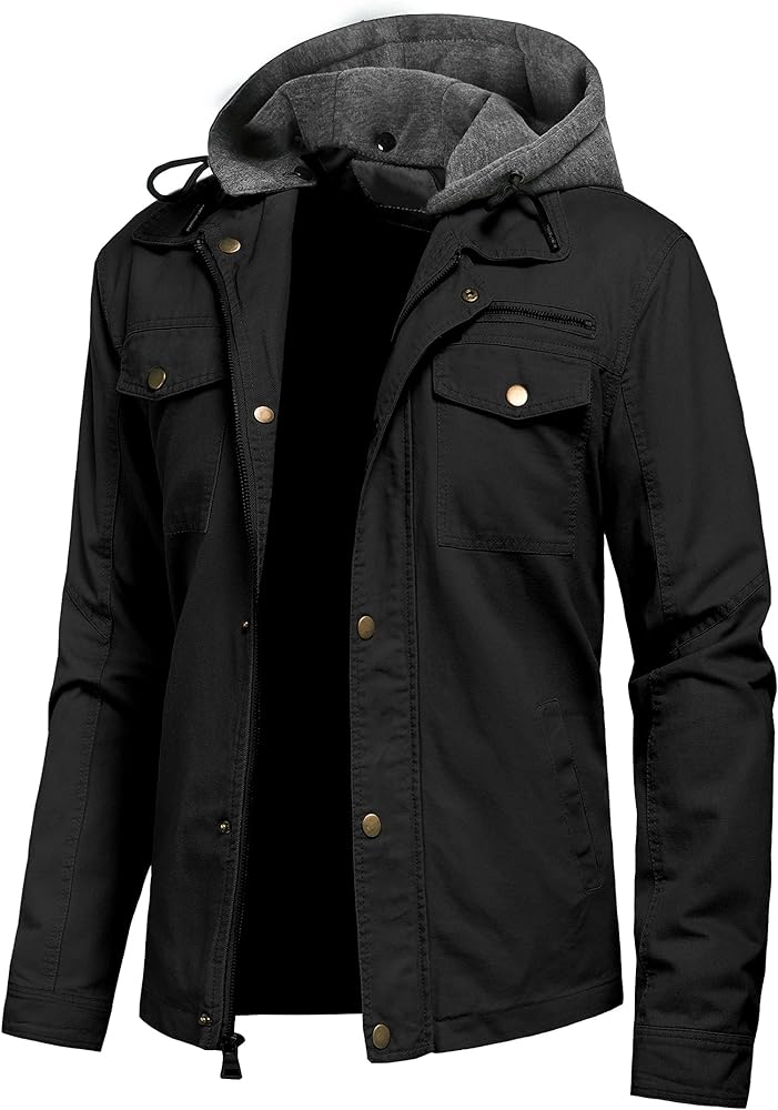 Pursky Men's Canvas Cotton Military Casual Field Jacket Outerwear With Removable Hood