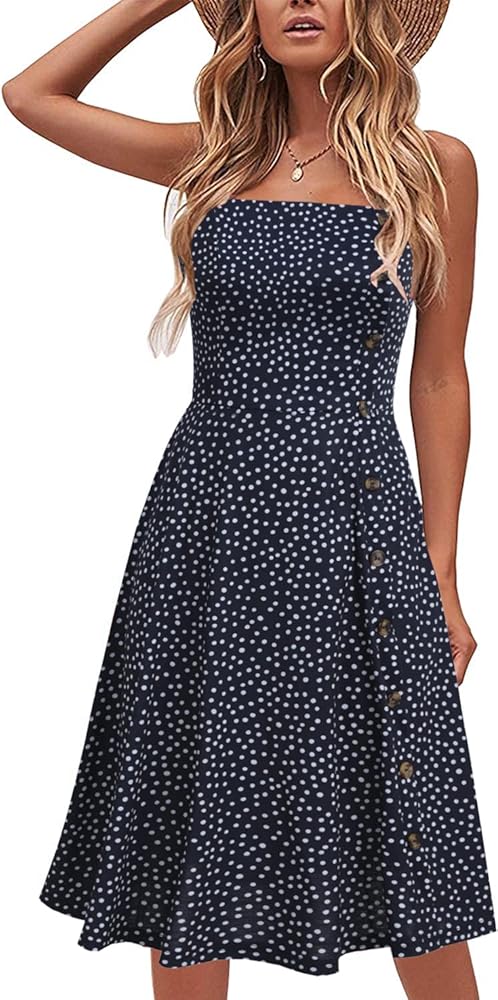 Women's Casual Summer Beach Flattering Flowy A-Line Spaghetti Straps Solid Cotton Button Down Midi Sundress