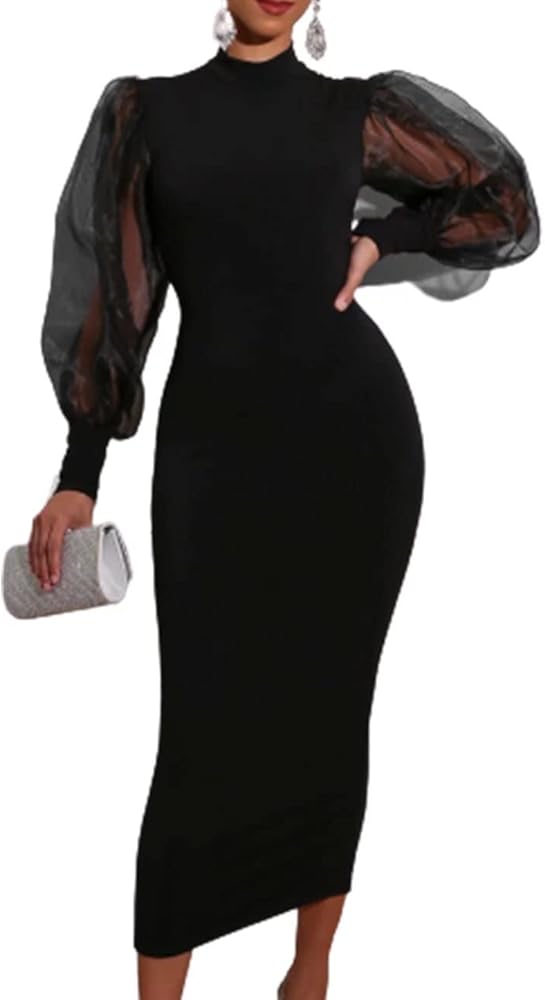 Women's Puff Sleeve Formal Dress Long Sleeve Mesh Stitching Office Lady Mock Neck Split Hem Midi Black Dress