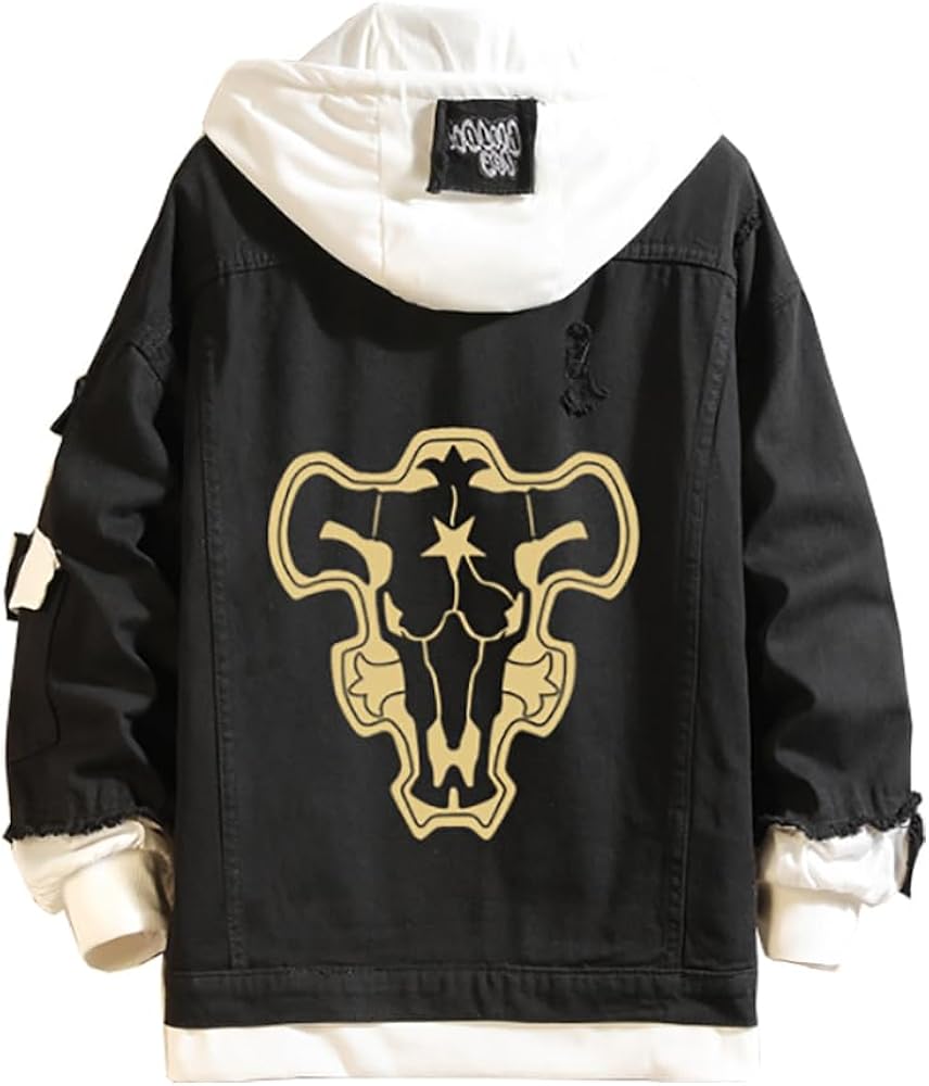 Anime Black Clover Hoodie Denim Jacket Unisex Ripped Jean Coat Cosplay Pullover Hooded Sweatshirt