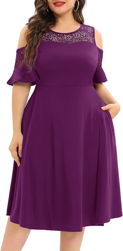 Plus Size Cocktail Dress - Graduation Cold Shoulder Lace Midi Dresses with Pockets