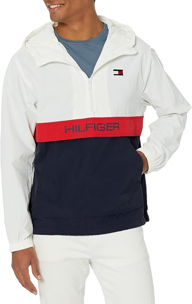 Tommy Hilfiger Men's Retro Lightweight Taslan Hooded Popover Water Resistant Windbreaker Jacket