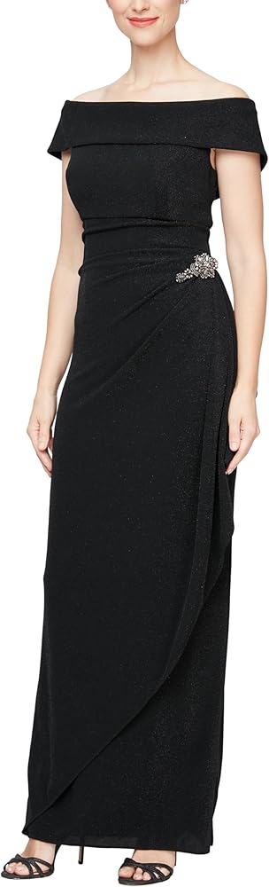 Alex Evenings Women's Long Foldover Off The Shoulder Gown, Formal Event, Mother of The Bride Dress