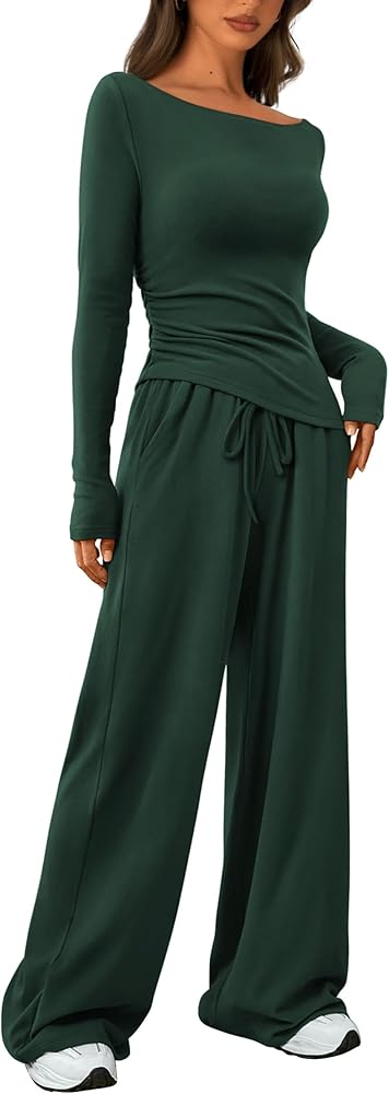 PRETTYGARDEN Women's 2 Piece Lounge Sets Asymmetrical Long Sleeve T Shirt Wide Leg Pants Casual Outfits Tracksuit