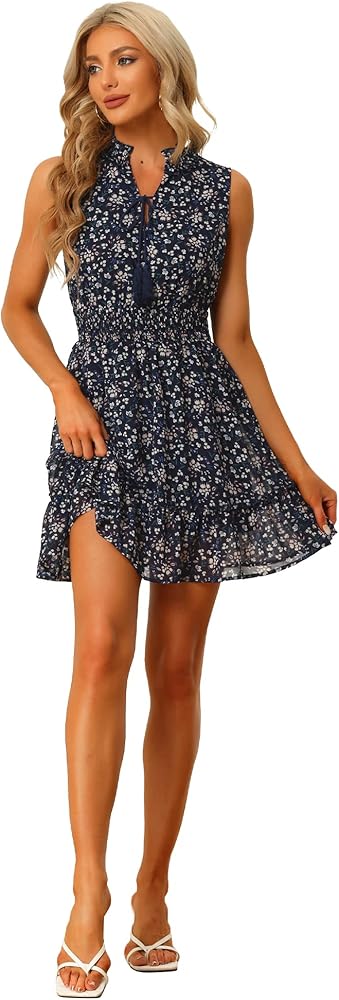 Allegra K Floral Dresses for Women's Sleeveless V Neck Sleeveless Smocked Waist Ruffle Mini Dress