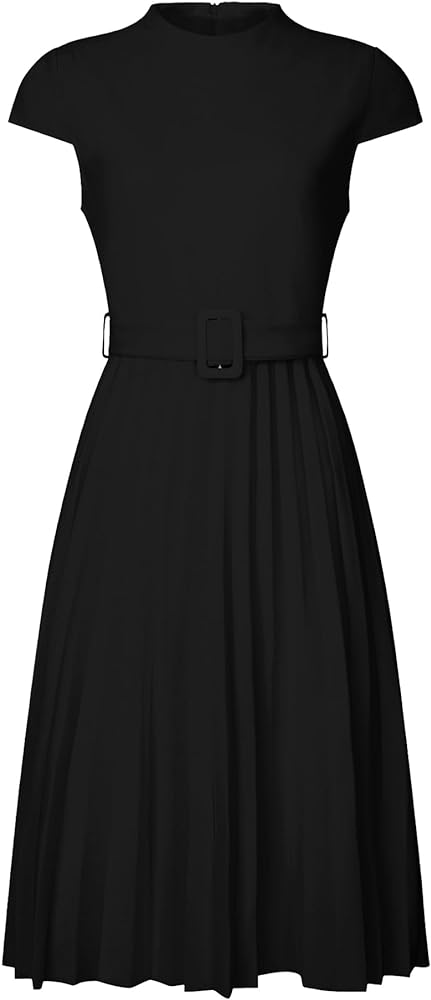 Women's Pleated Dress Mock Neck Cap Sleeve Belted A-Line Dresses