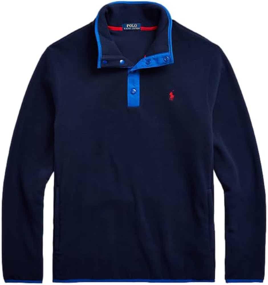 POLO RALPH LAUREN Men's Fleece Pullover Jacket Sweater Snap Closure (Navy, X-Large)