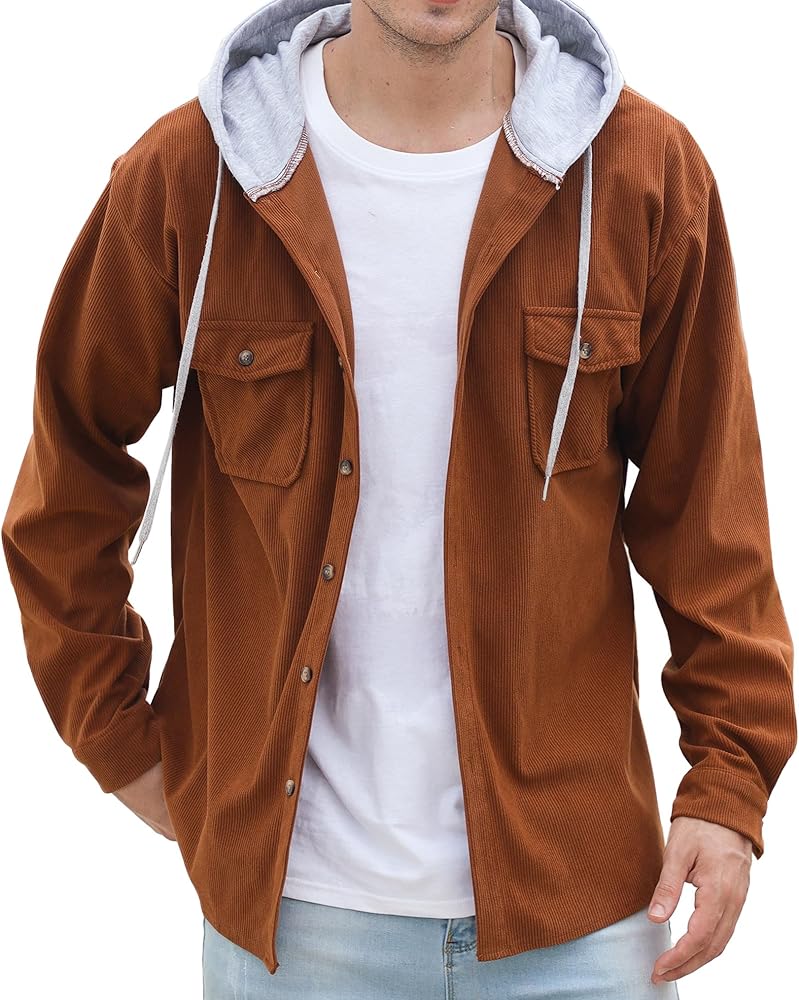 SANGTREE Men's & Boys Hooded Corduroy Shirts Jacket Long Sleeve Button Down Shirt Jacket.