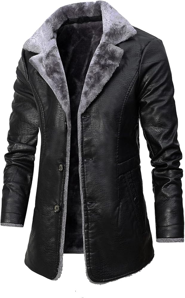 WOSJKDJ Mens Leather Jacket 3/4 Length Faux Leather Fur Coat Warm Winter Long PU Leather Jacket Lined Duster Trench Coat