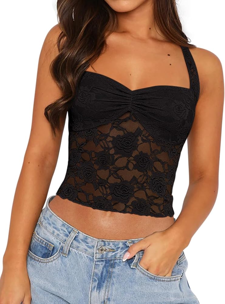 REORIA Lace Tops for Women Halter Sexy Going Out Tank Crop Y2K Fashion Top 2024 Trendy