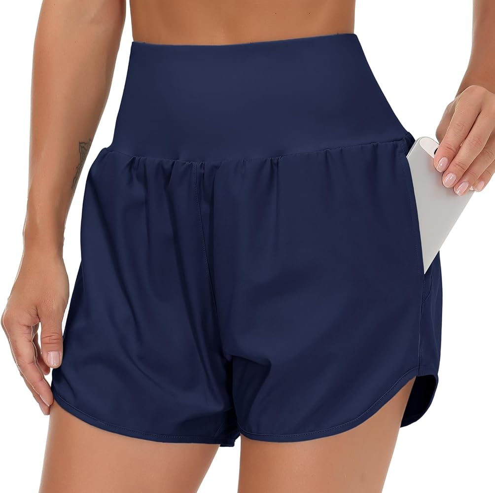 THE GYM PEOPLE Women’s High Waist Running Shorts with Liner Athletic Hiking Workout Shorts Zip Pockets