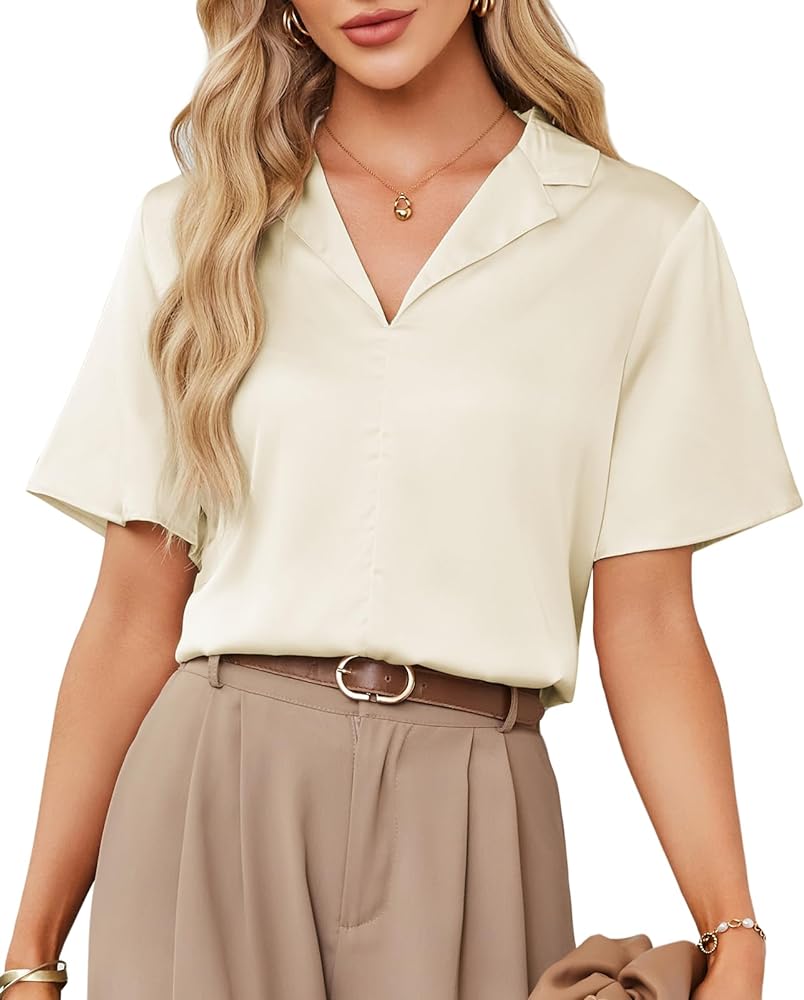 GRACE KARIN Women's Satin Silk Shirts Short Sleeve Casual Work Blouse Lapel V Neck Pullover Tops