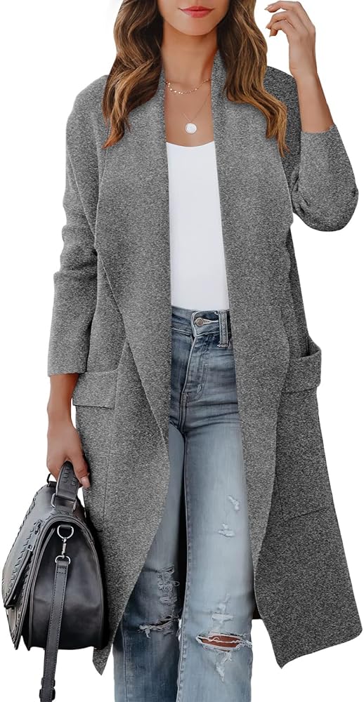 ANRABESS Women's Casual Long Sleeve Draped Open Front Knit Pockets Long Cardigan Jackets Sweater