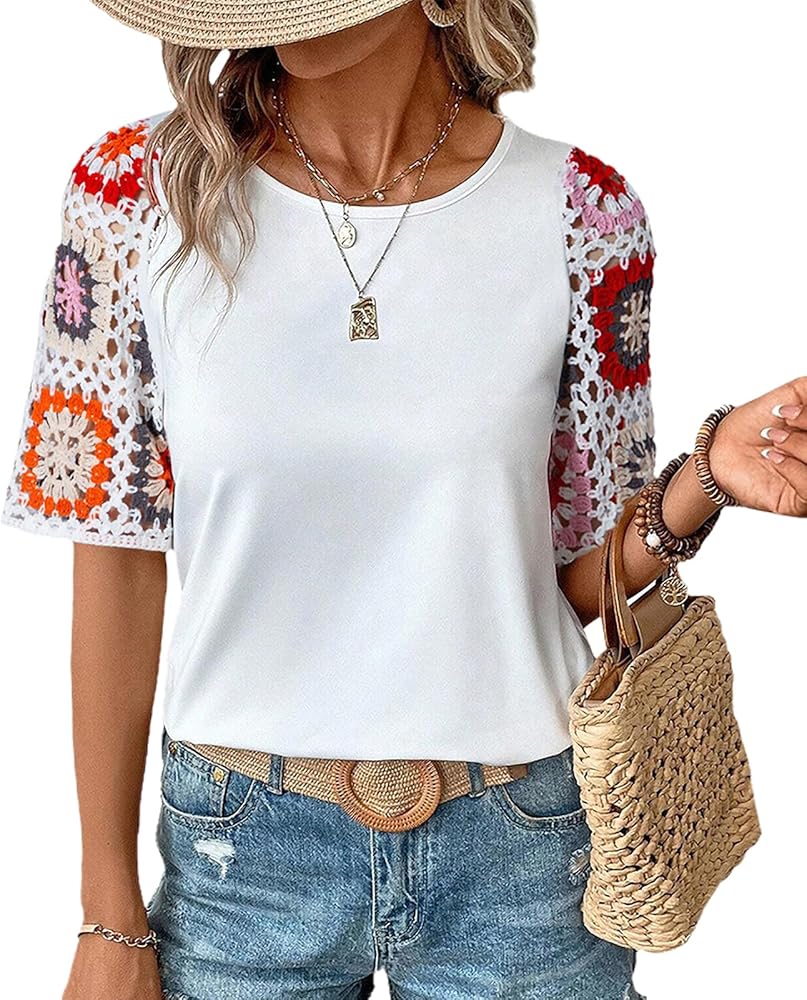 Chvity Crochet Tops for Women Crewneck Shirt Floral Short Sleeve Casual Pullover Blouse Summer Tops