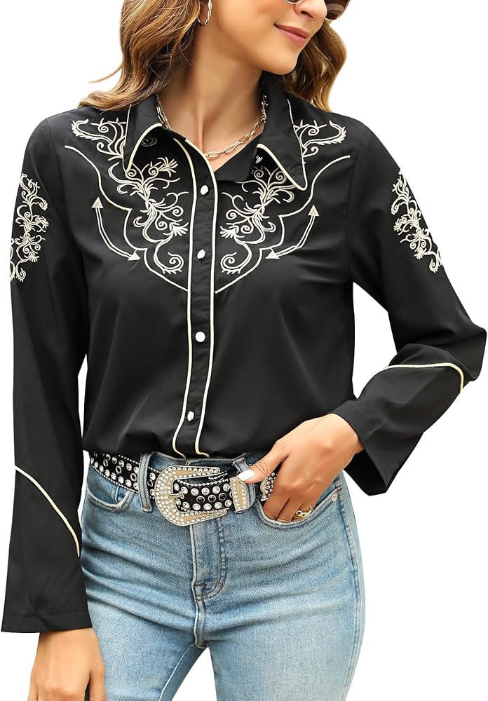 Western Shirts for Women Cowgirl Sexy Dressy Long Sleeve Black Embroidered Button Up Ladies Blusas Vaqueras Para Mujer