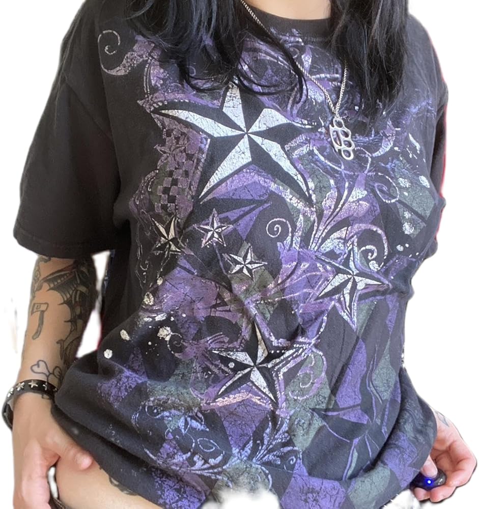 Women Vintage Gothic T Shirt Fairy Grunge Aesthetic Short Sleeve Tee Tops Y2K Star Graphic Print Gothic Tops Punk Tees