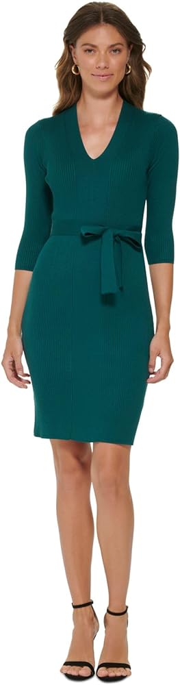 DKNY Women's Tie Waist Sweater V-Neck Dress