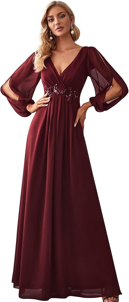 Ever-Pretty Women's V Neck Long Sleeves Floor Length Ruched Chiffon Formal Dress 00461