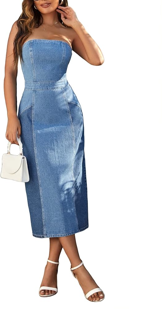 WDIRARA Women's Strapless Tube Top Sleeveless Split Back Fitted Denim Midi Dress