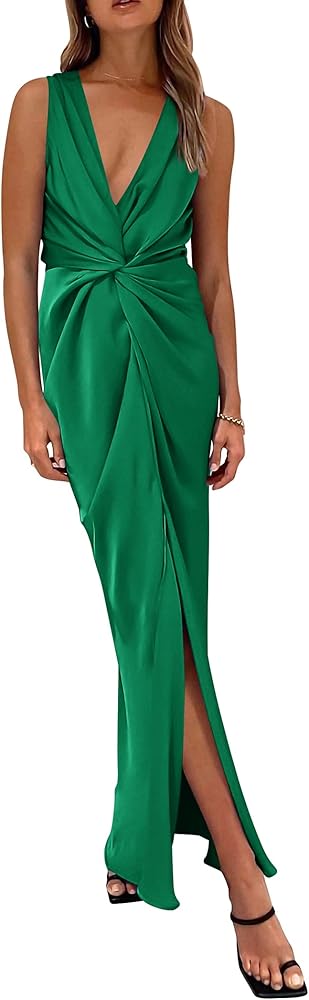 PRETTYGARDEN Women's Satin Ruched Bodycon Dress Summer 2024 Twist Front V Neck Sleeveless Split Maxi Dresses