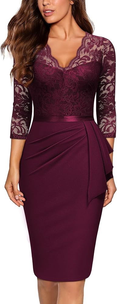 Miusol Women's Retro V Neck Floral Lace Ruffle Style Cocktail Party Dress