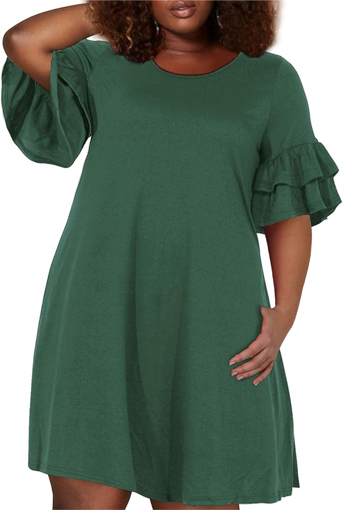 Nemidor Women's Ruffle Sleeve Jersey Knit Plus Size Casual Swing Dress with Pocket NEM179