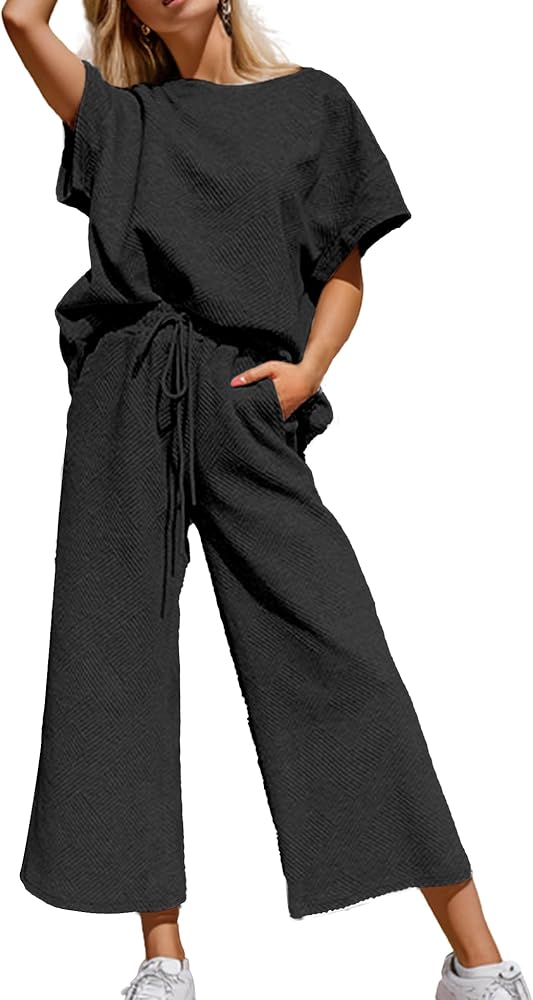 Women's 2 Piece Outfits Textured Sweatsuit 3/4 Batwing Sleeve Crew Neck Pullover Top Wide Leg Pant Tracksuit Set