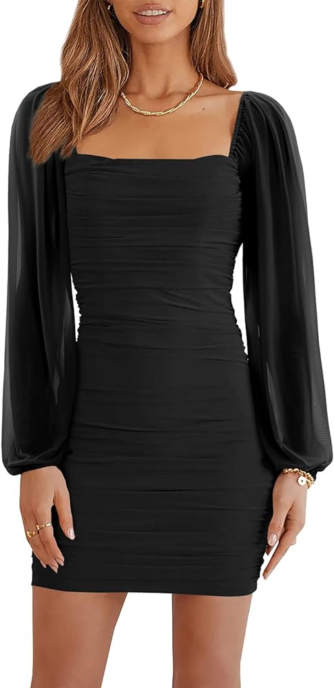 Wenrine Women's Mesh Long Sleeve Square Neck Ruched Party Club Cocktail Bodycon Mini Dress