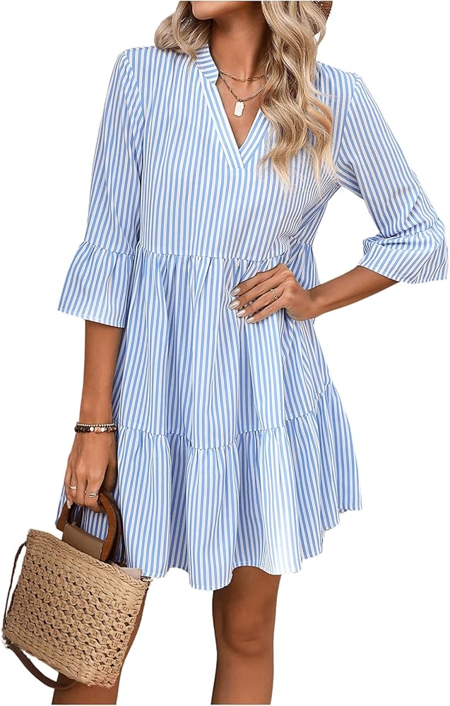 MakeMeChic Women's Striped Print A Line Dress 3/4 Sleeve Notch Neck Summer Mini Dress