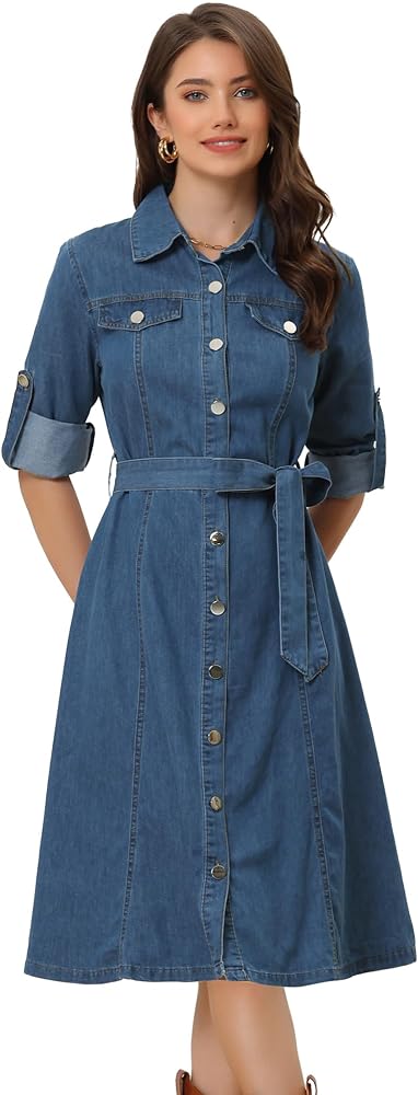 Allegra K Denim Dress for Women's Long Sleeve Button Down A-Line Belted Classic Jean Dresses