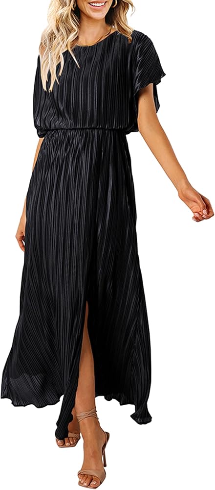 CCTOO Womens Summer Maxi Dresses: Casual Short Sleeve Crewneck Slit Sundress Ruffle Pleated Long Flowy Party Cocktail Dress