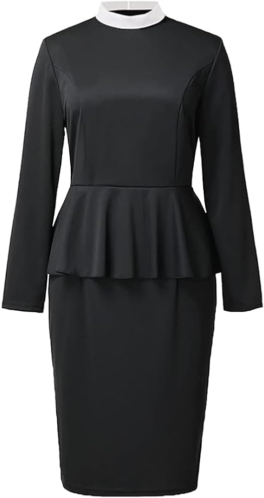 Womens Church Clergy Dress Spring/Autumn Long Sleeve Ruffle Slim Pencil Dress with Banded Full Collar