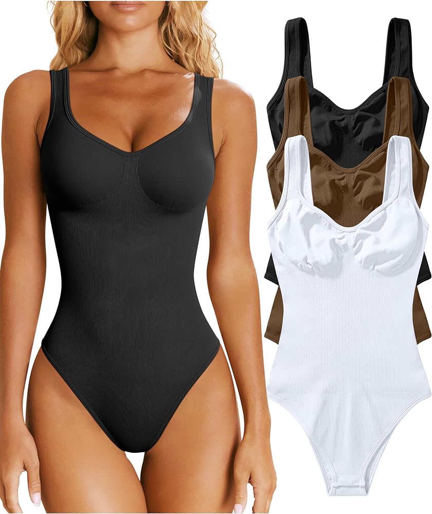 OQQ Women's 3 Piece Bodysuits Sexy Ribbed Sleeveless Shapewear Tank Tops Bodysuits