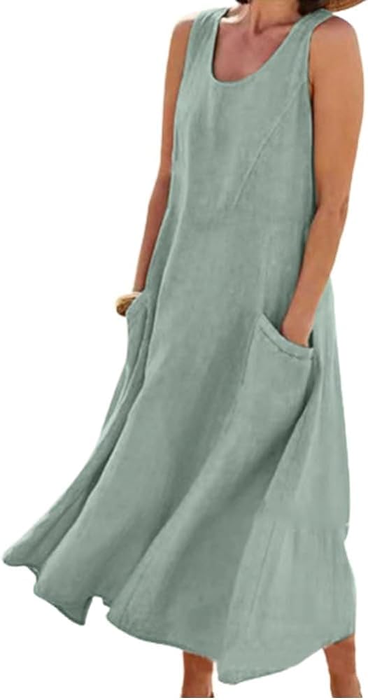 Linen Dress for Women Summer Sleeveless Solid Casual Baggy Flowy Maxi Dresses with Pockets