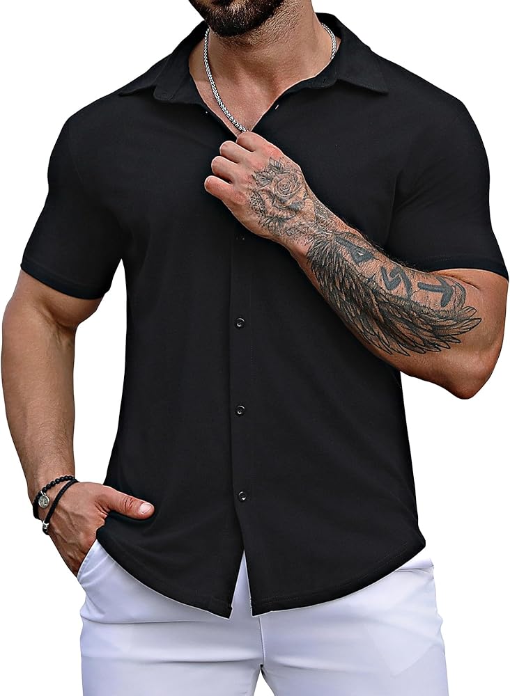 URRU Men's Muscle Fit Dress Shirt Short Sleeve Stretch Casual Button Down Shirts