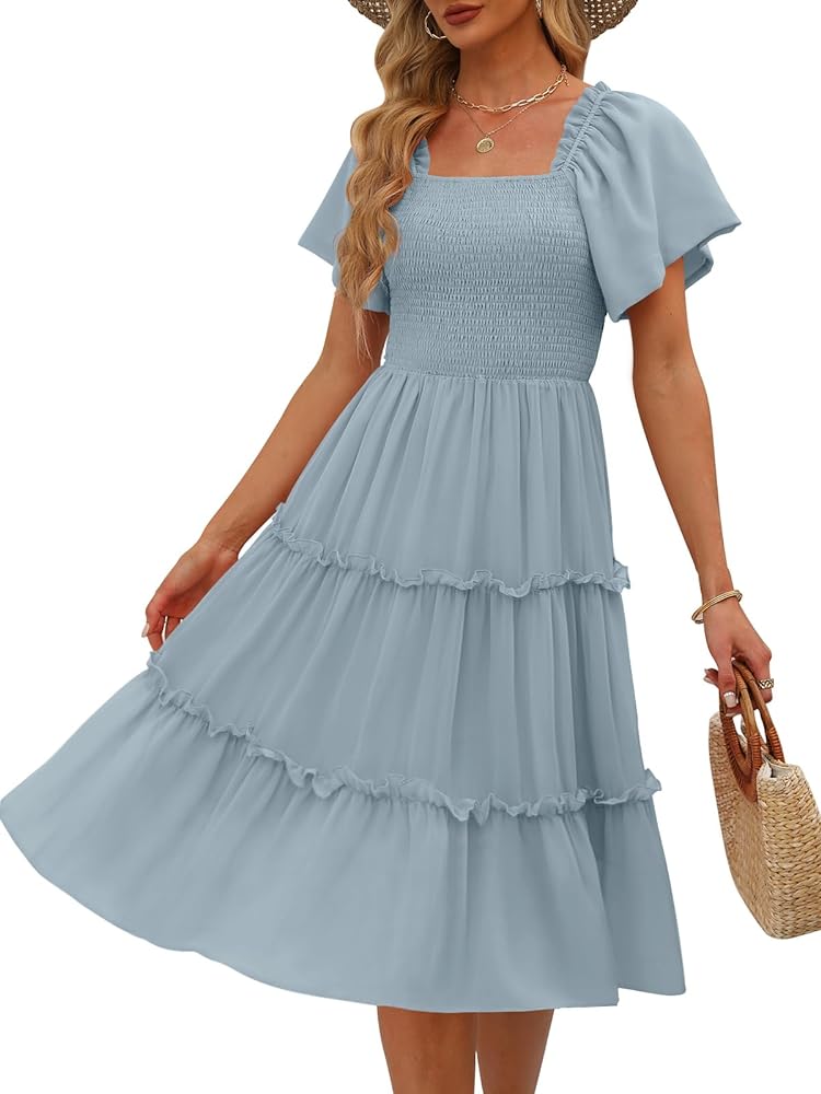 LILLUSORY Women's Summer Casual Flutter Sleeve Square Neck Smocked Midi Dress