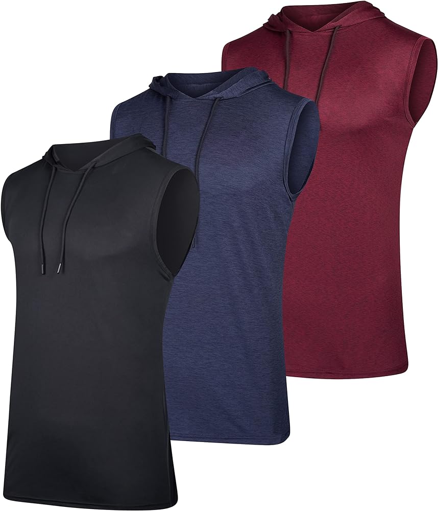 Real Essentials 3 Pack: Mens Dry-Fit Active Hooded Tank Top - Workout Sleeveless Hoodie Drawstring (Available in Big & Tall)