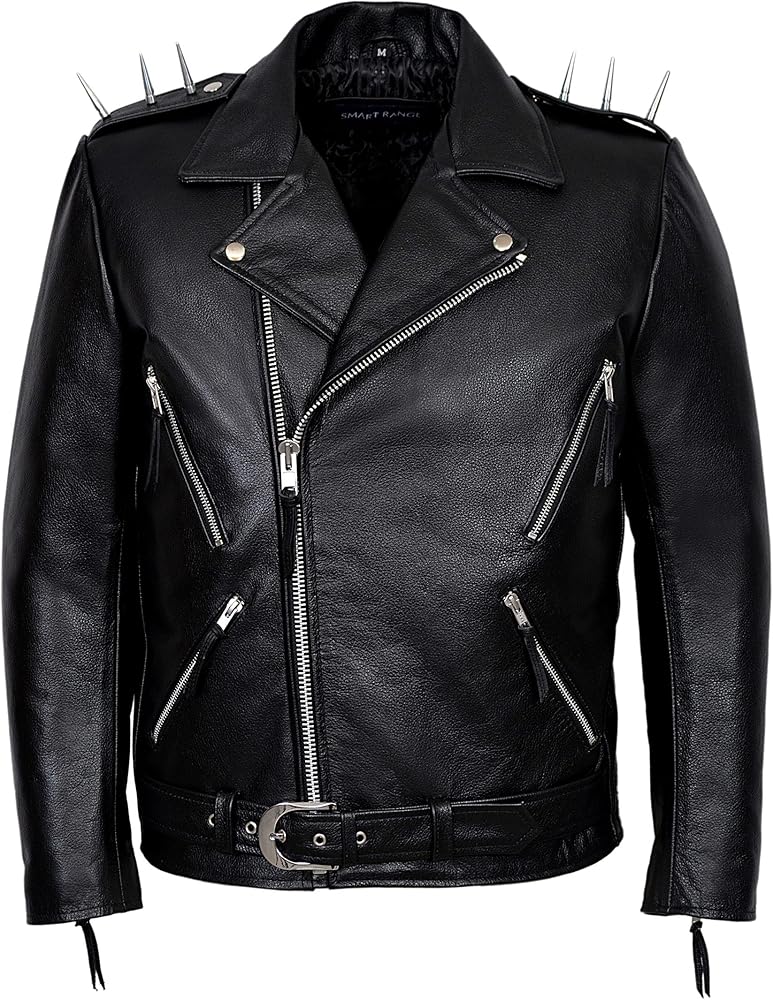 Men's Black METAL SPIKES Brando Jacket Motorcycle Cowhide Real Leather Jacket