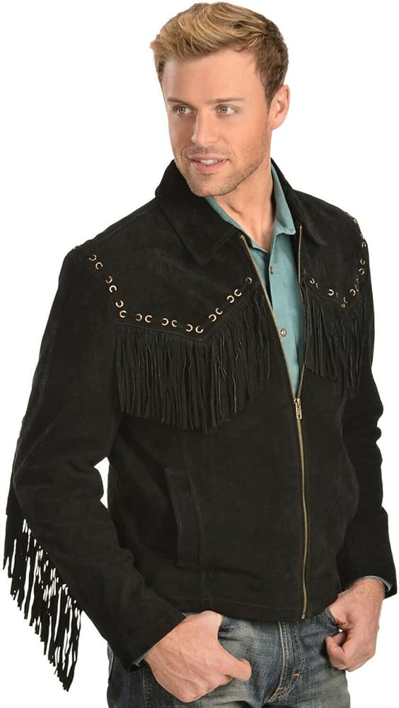 Men's Western Cowboy Leather Jacket Suede and Fringe Zipper Closure -Black