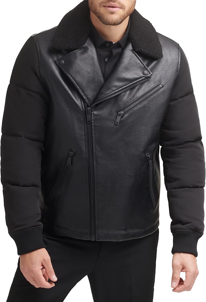 DKNY Men's Mixed Media Faux Leather with Puffer Sleeves