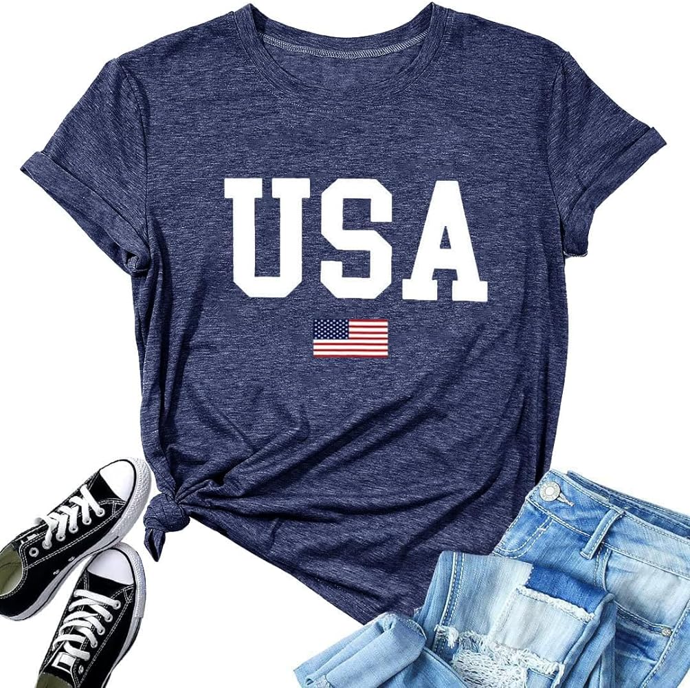 USA Flag Tee Shirt for Women 4th of July Memorial Day Gift T Shirt Casual Short Sleeve American Proud T-Shirt Tops