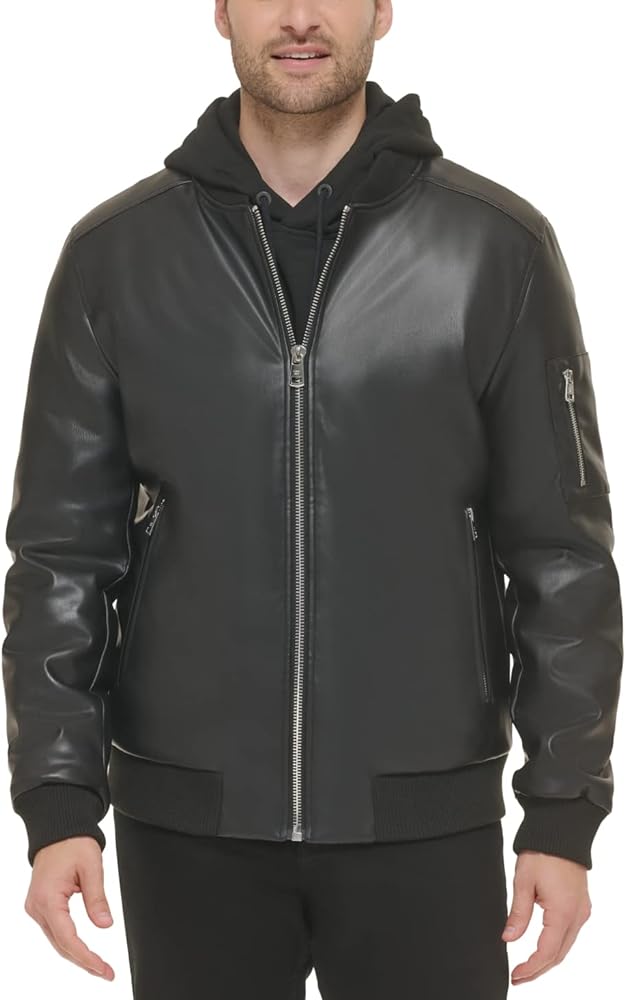 Calvin Klein Mens Faux Leather Bomber Jacket Black M