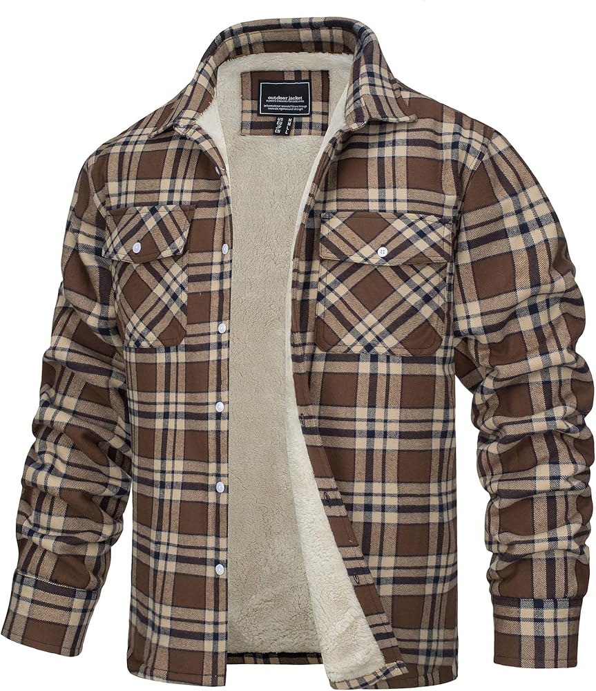 TACVASEN Men's Fleece Flannel Plaid Shirt Jacket Soft Sherpa Lined Cotton Casual Thickened Button Down Coat With Pockets