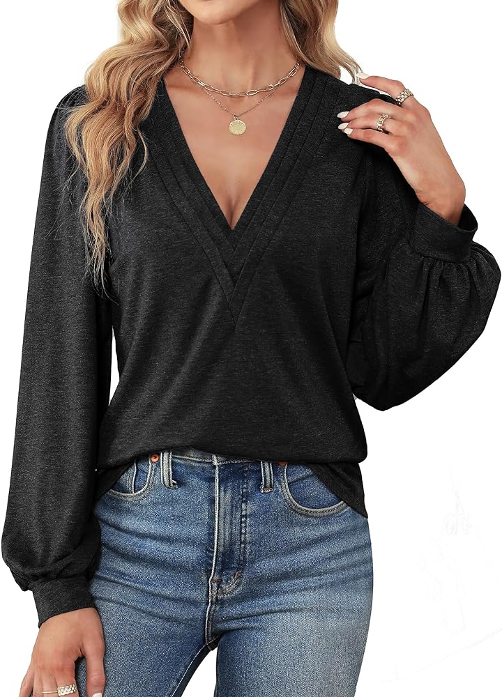 Womens V Neck Long Sleeve Tops Dressy Casual Fall Shirts Puff Sleeve Loose Tunic Trendy Tops Blouses