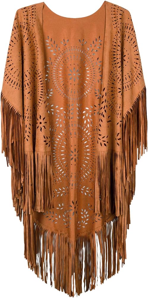 PERSUN Women's Faux Suede Kimono Cape Fringed Asymmetric Cover up Shawl