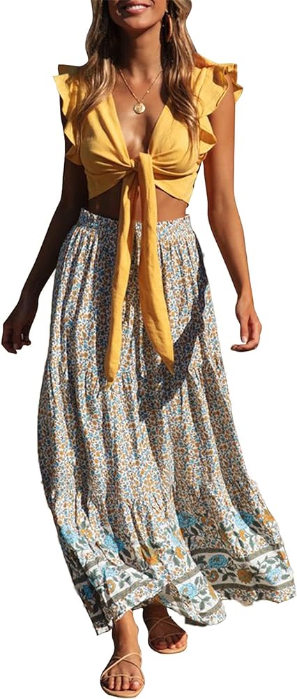 ZESICA Women's 2024 Bohemian Floral Printed Elastic Waist A Line Maxi Skirt with Pockets